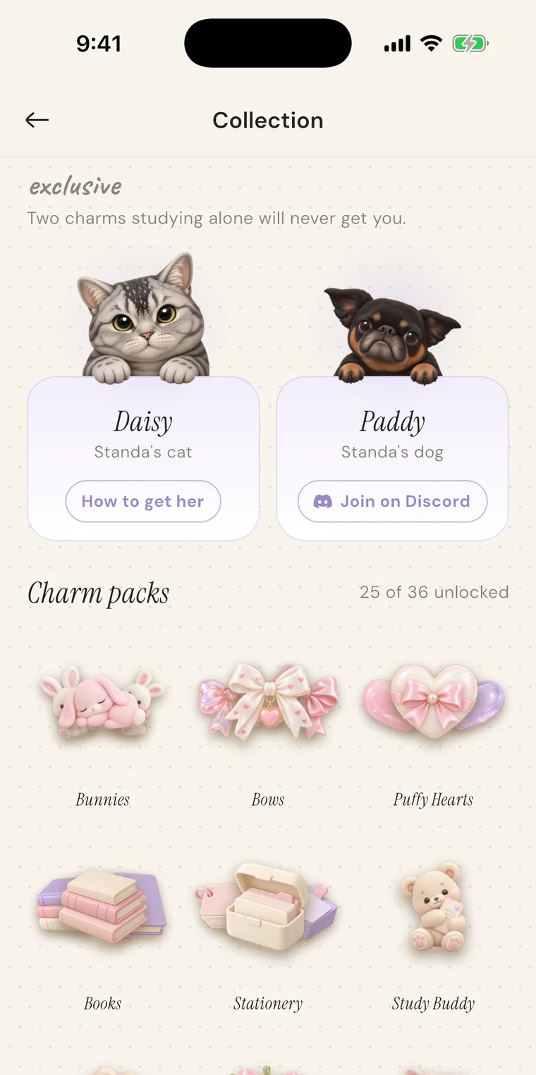 The prettysmart charm collection, showing 25 of 36 packs unlocked across a grid of pastel charms.