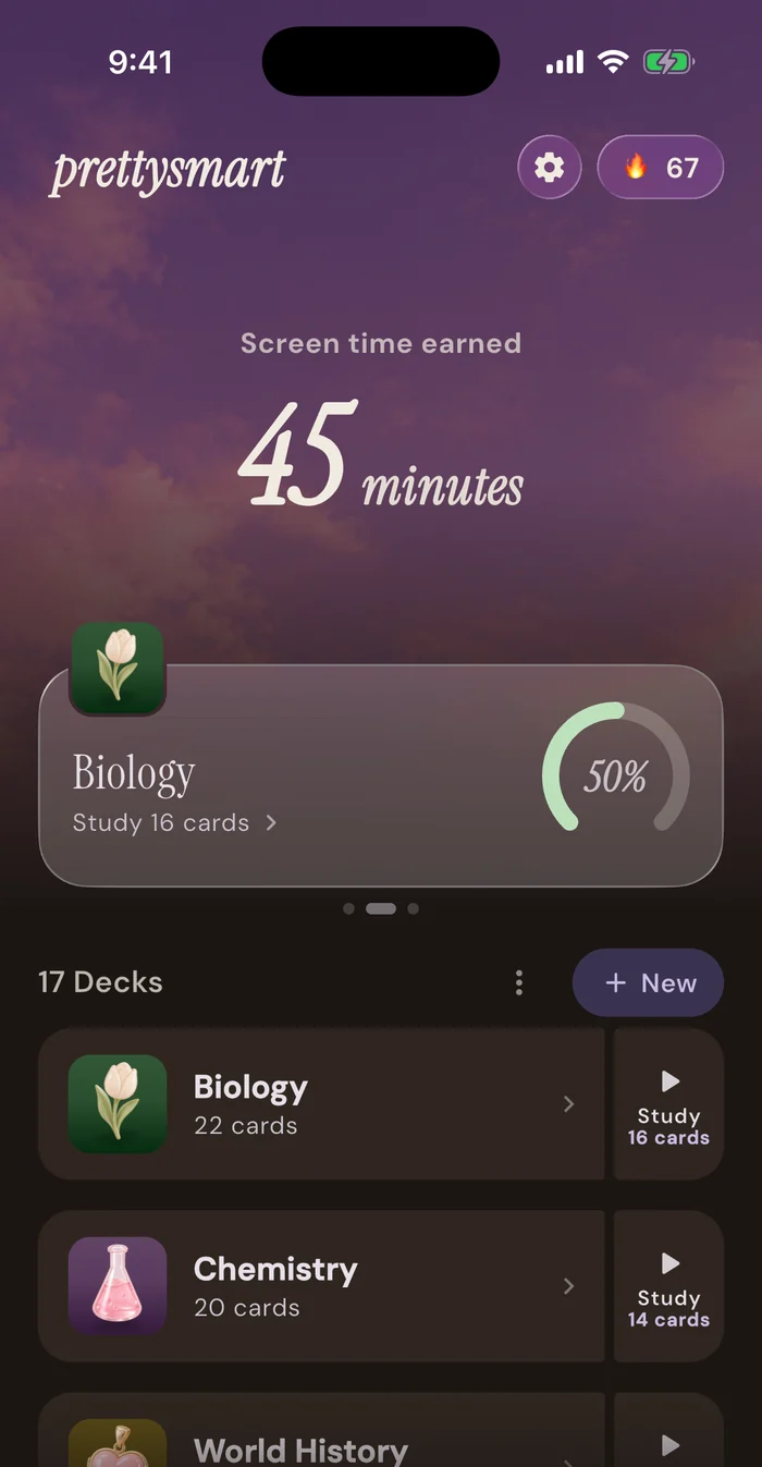 The prettysmart home screen in dark mode, with a dusk sky behind the screen time counter.